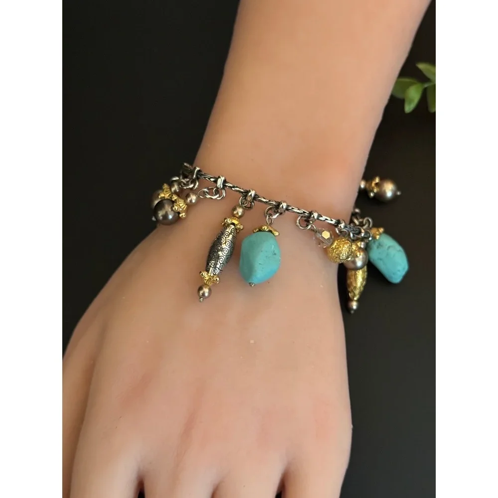 Brighton Turquoise Pearl Mixed Metal Charm Bracelet Silver Gold Tone 7.25